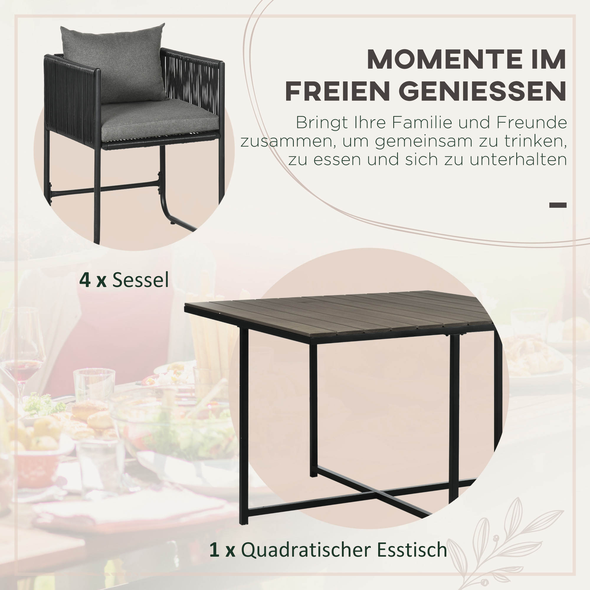 5-delige tuinset, polyrattan, inclusief zitkussens, weerbestendig, zwart/grijs