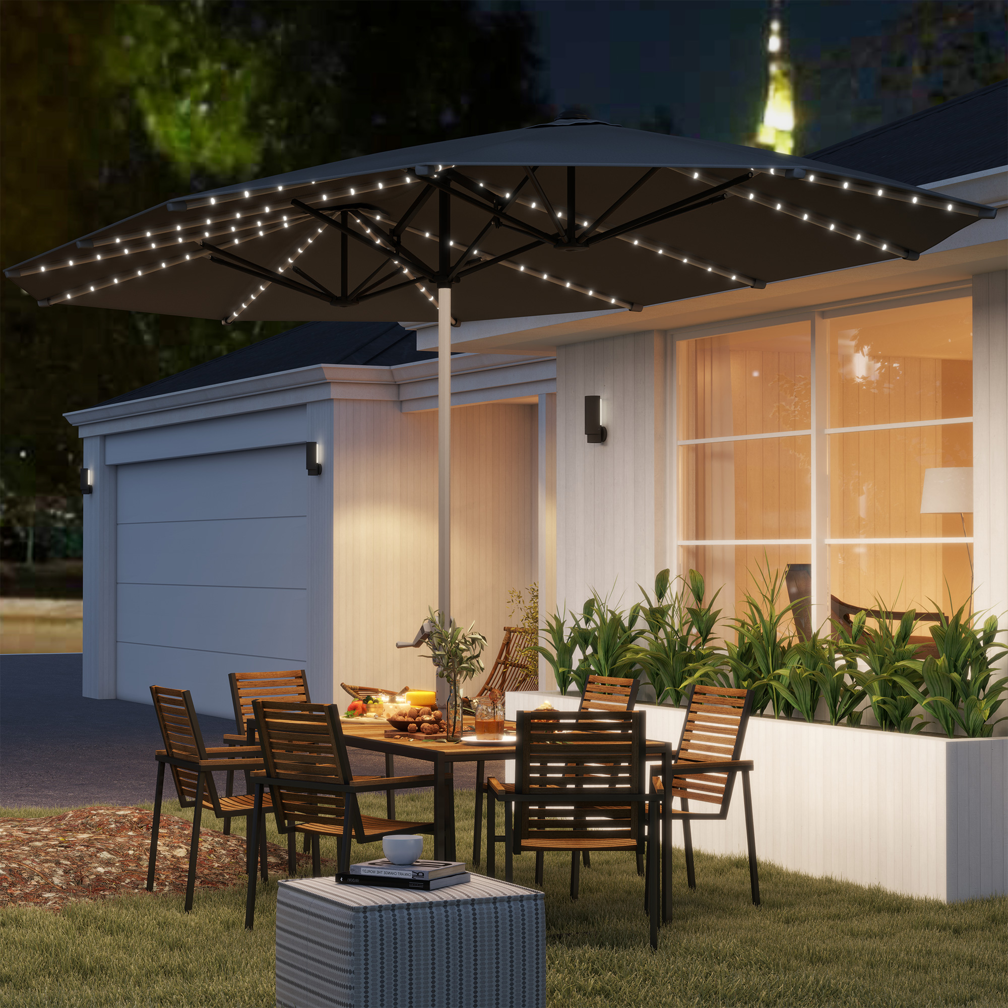Dubbele Parasol met Zonne-energie Verlichting, Aluminium, Polyester, UPF50+ Bescherming, UV-bestendig, Terras Parasol, Donkergrijs