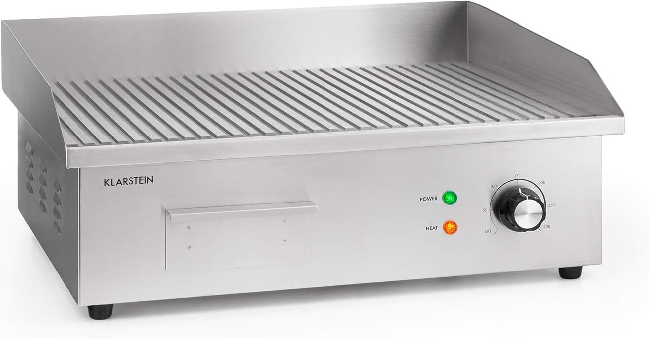 Klarstein Elektrogrill, Grillplatte, Elektrische Grillplatte, Tischgrill, Elektrogrill aus Edelstahl, Spritzschutz & Auffangbehälter, Glatte XL Grillfläche: 54,5x35 cm, Stufenlos 50-300 °C, 3000 Watt