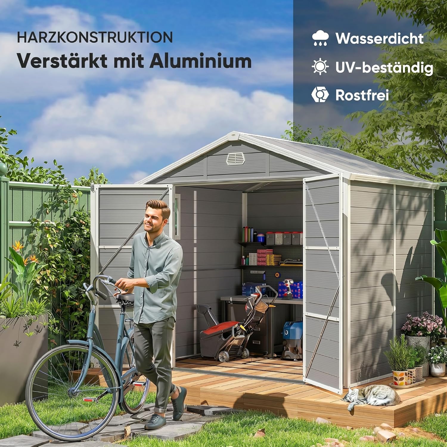 Outsunny Gerätehaus 4,1m² Geräteschuppen mit Satteldach, Kunststoff Gartenchuppen mit abschließbarer Tür, Belüftungsöffnung, Fenster und Fundament, Gartenhaus für Garten, 240 x 190 x 228 cm Hellgrau