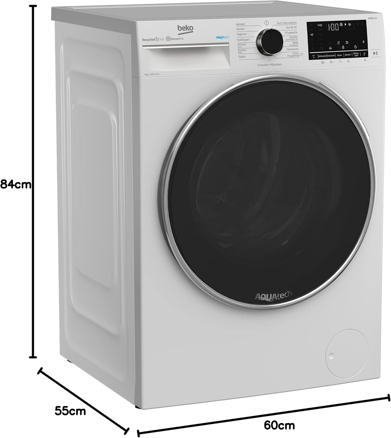Beko B5WFU58418W bPRO 500 freistehende Waschmaschine, Waschvollautomat, 8 kg, AquaTech, Schleuderwahl, 1400 U/min, Bluetooth, Dampffunktion, Hygiene+ allergikergeeignet, Weiß