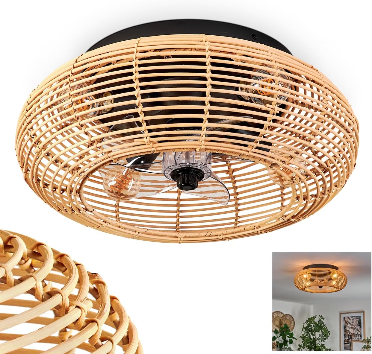HOFSTEIN Deckenventilator Mulstrand, Ventilator aus Metall/Bambus in Schwarz/Natur mit Fernbedienung, Auf-/Abwind-Funktion u. Lichteffekt an der Decke, Deckenleuchte 4-flammig Ø 50cm, 4x E27, 3 Stufen