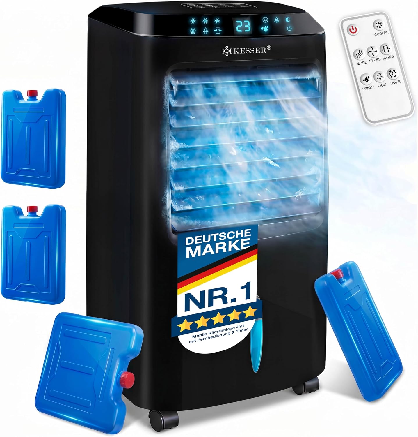 KESSER® Mobile Klimaanlage 4in1 Luftkühler – Air Cooler mit Fernbedienung & Timer, 10L Wassertank, Ionisator & Luftbefeuchter, Ventilator Klimagerät ohne Abluftschlauch, 3 Stufen inkl. Kühlakkus