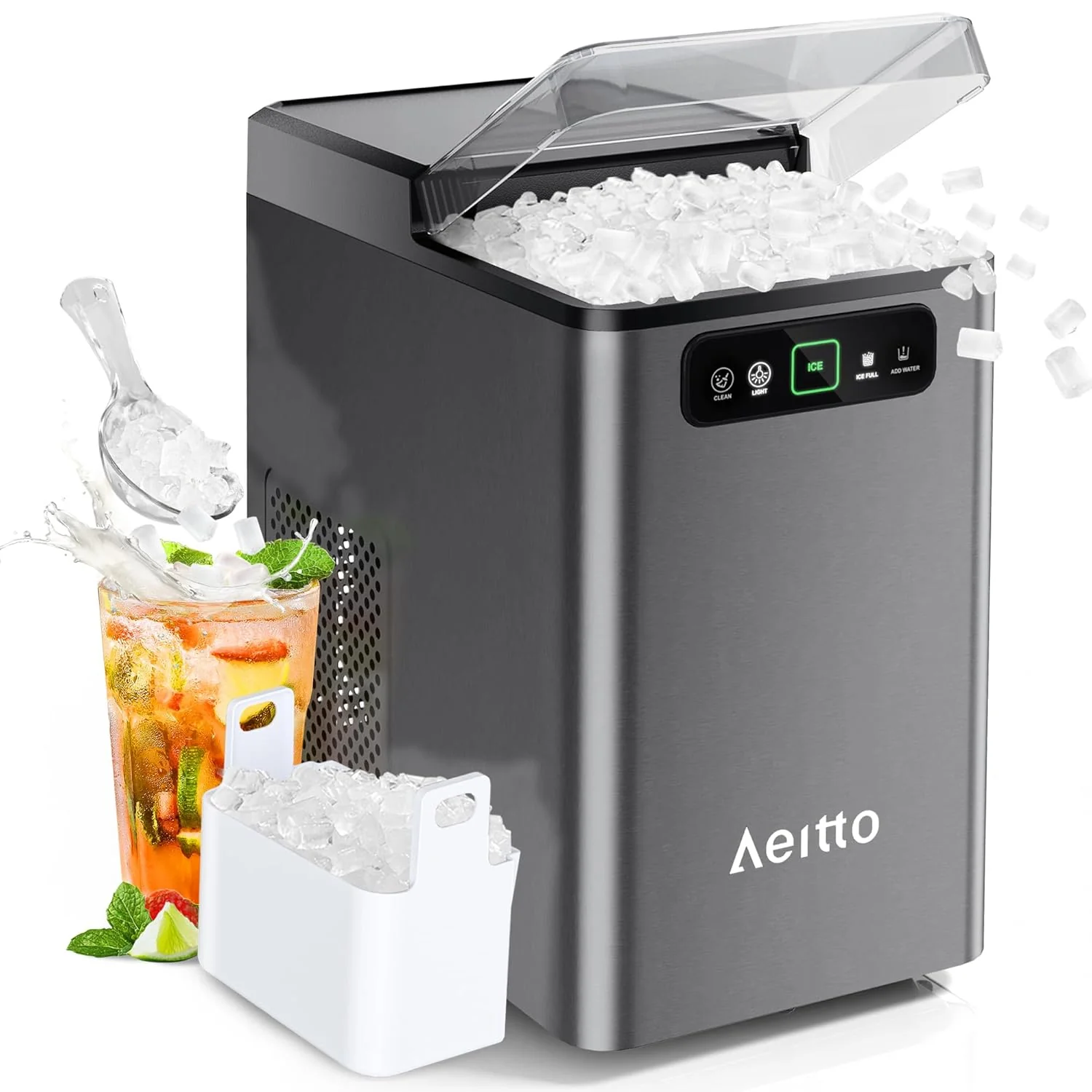 Aeitto Nugget Ice Maker 40Lbs/24H. Countertop Soft Chewable Ice Pebble Ice Machine. One-Click Operation. Auto Self-Cleaning Ice Makers with Scoop&Basket for Home. Office. Kitchen. Party (Grey)
