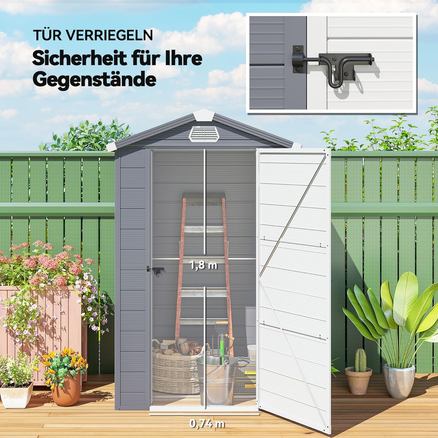 Outsunny Gerätehaus 1,1m², Geräteschuppen mit Satteldach, 133 x 102 x 208 cm, Kunststoff Gartenchuppen mit Abschließbar Tür Belüftungsöffnung Fenster Fundament, Gartenhaus für Garten Dunkelgrau