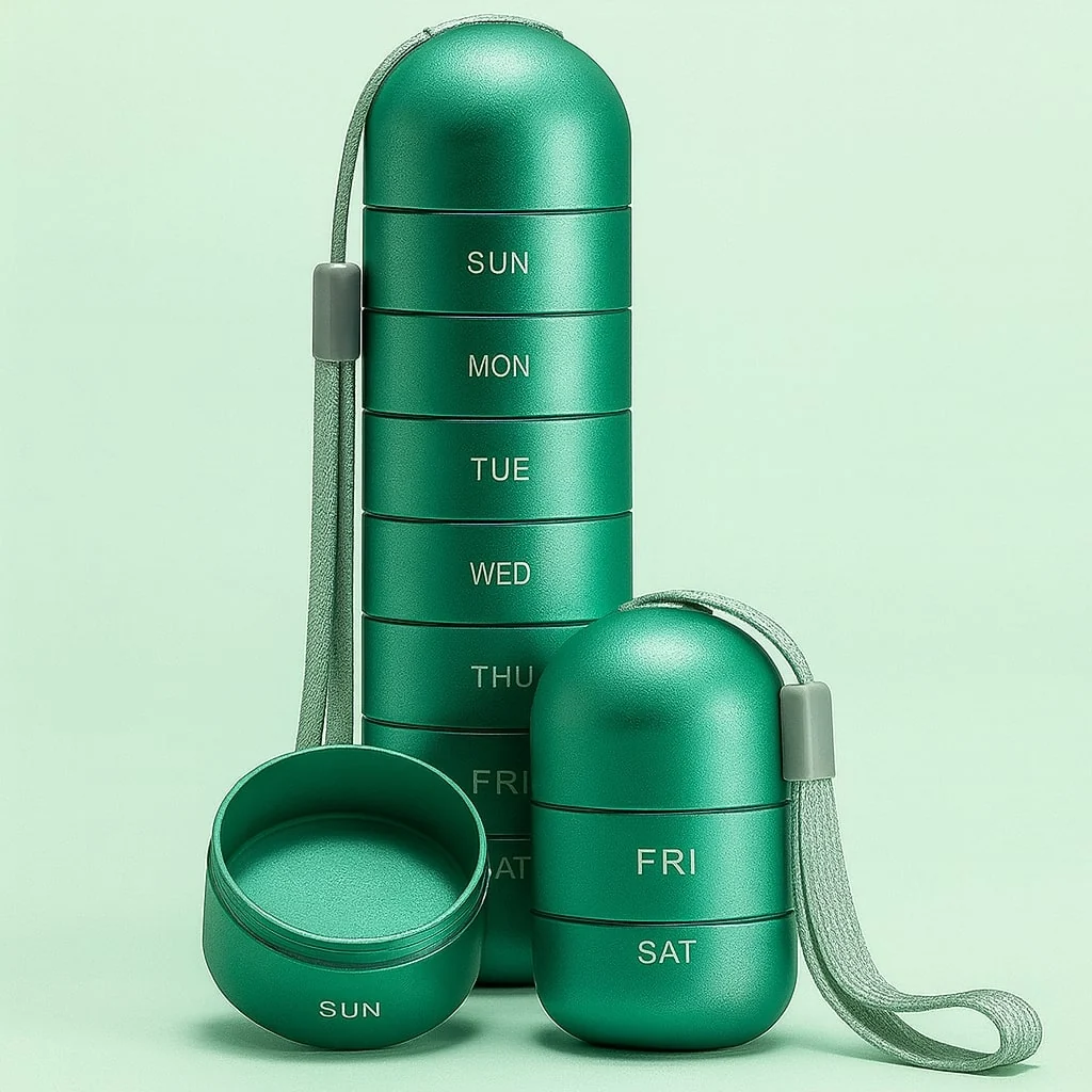 Aluminium Aufbewahrungsbox mit 7 Fächern - Reisebox für Tabletten & Vitamine