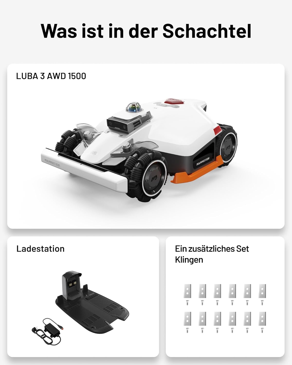 MAMMOTION LUBA 3 AWD 1500 Mähroboter ohne Begrenzungskabel für 1500㎡, 360° LiDAR+Dual-Kamera mit KI-Steuerung, Kein RTK, AWD für bis zu 80% Steigung, 15 Multi-Zonen, Schnitthöhe 25-70 mm, 9,4Ah-AKKU