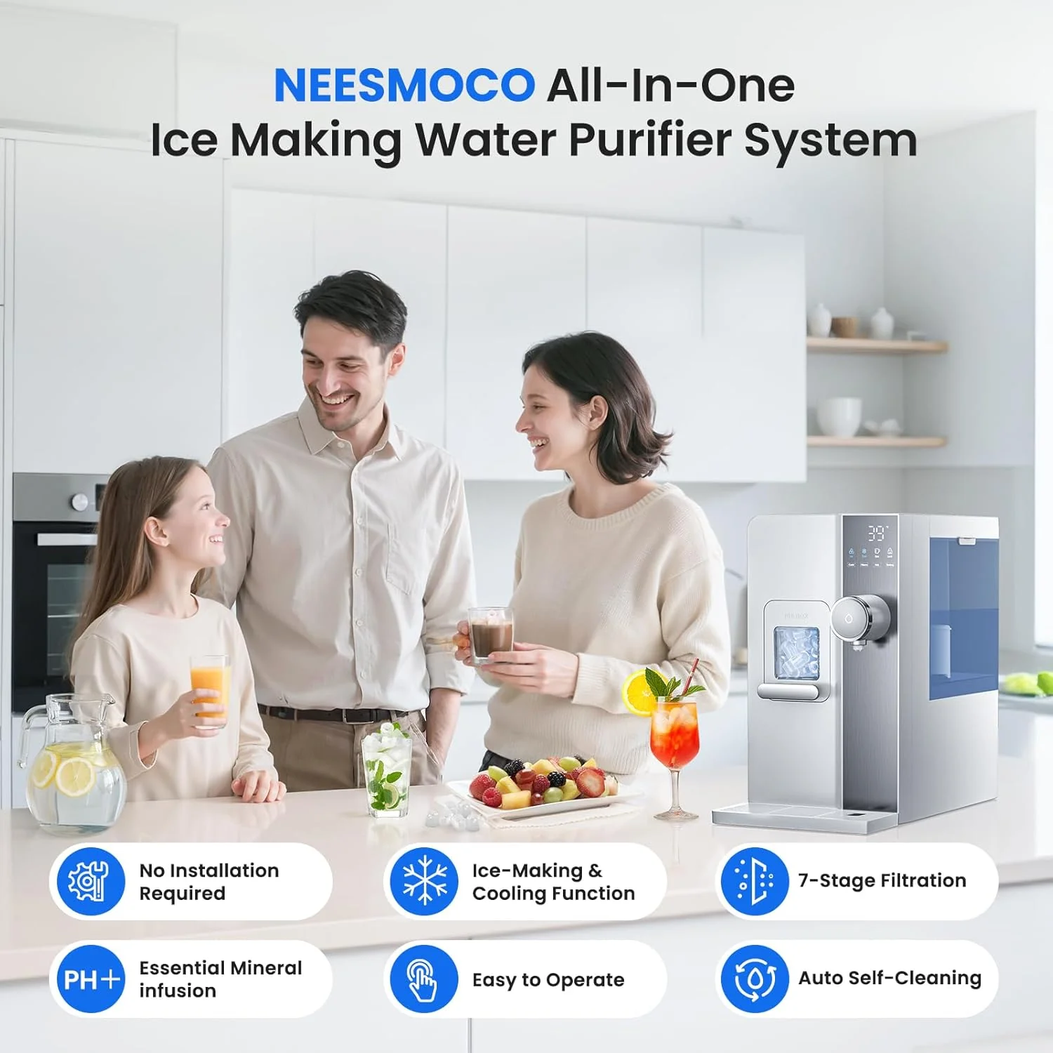 Ice Maker Water Filter Dispenser. 3 in1 Countertop Instant Hot & Cold Water -7 Stage Purification with Remineralization 7 Temperature & 5 Dispensing Volume Options Portable No Installation.