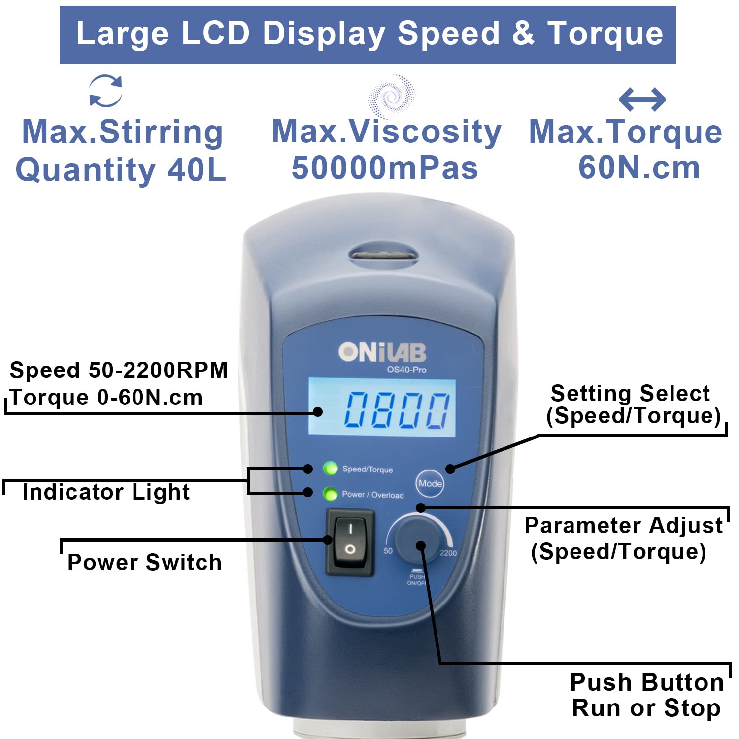ONiLAB Elektrischer Overhead Rührer, LED Digital Overhead Rührer Mixer mit Rührstab, 20L,10000 mPas, 50~2200RPM, Aluminiumlegierung (Stand enthalten)