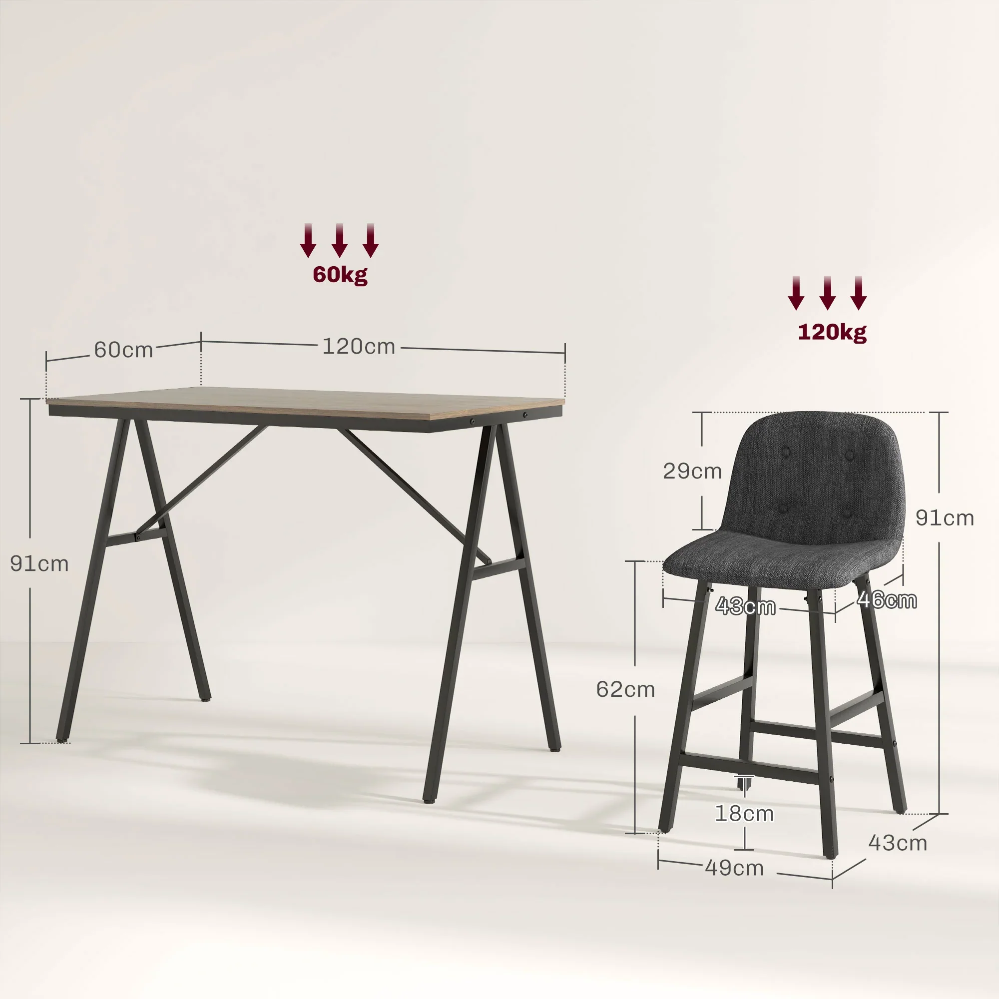 5-delige Bargarnituur, Tafel en 4 Stoelen, Knoopafwerking, Dikke Bekleding, Linnenlook, Donkergrijs