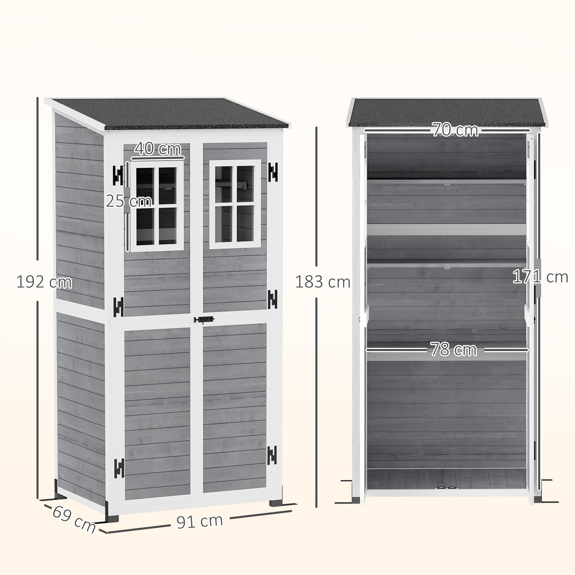 Outsunny Tuinopslagschuur, Gereedschapsschuur met 2 Ramen, Grondpalen, Asfaltdak, 91 x 69 x 192 cm, Vurenhout, Lichtgrijs