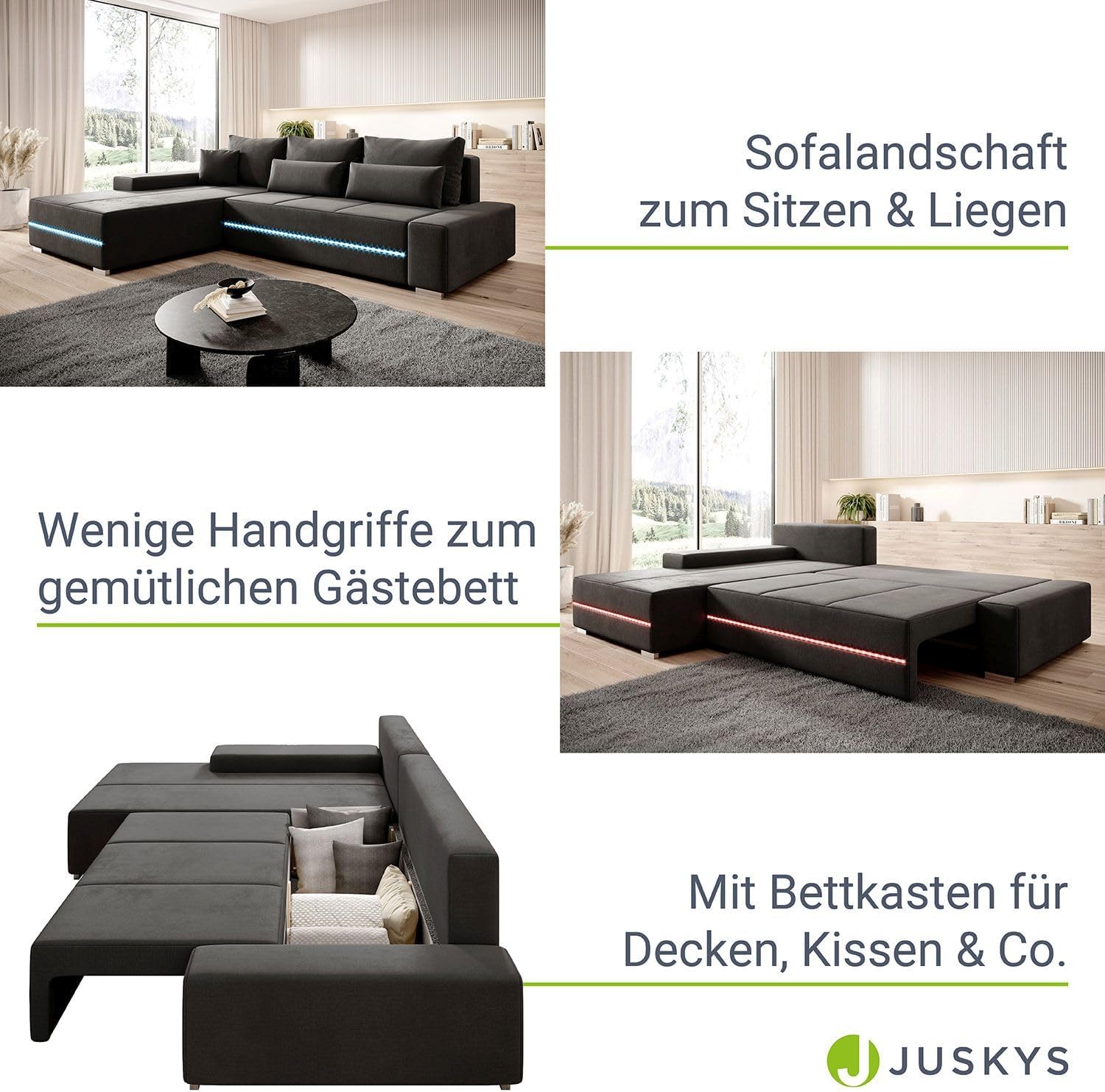 Juskys Sofa Davos Links mit Schlaffunktion - Ecksofa für Wohnzimmer mit Bettkasten & LED - Stoff Schlafsofa L Form Couch Beleuchtung - Dunkelgrau