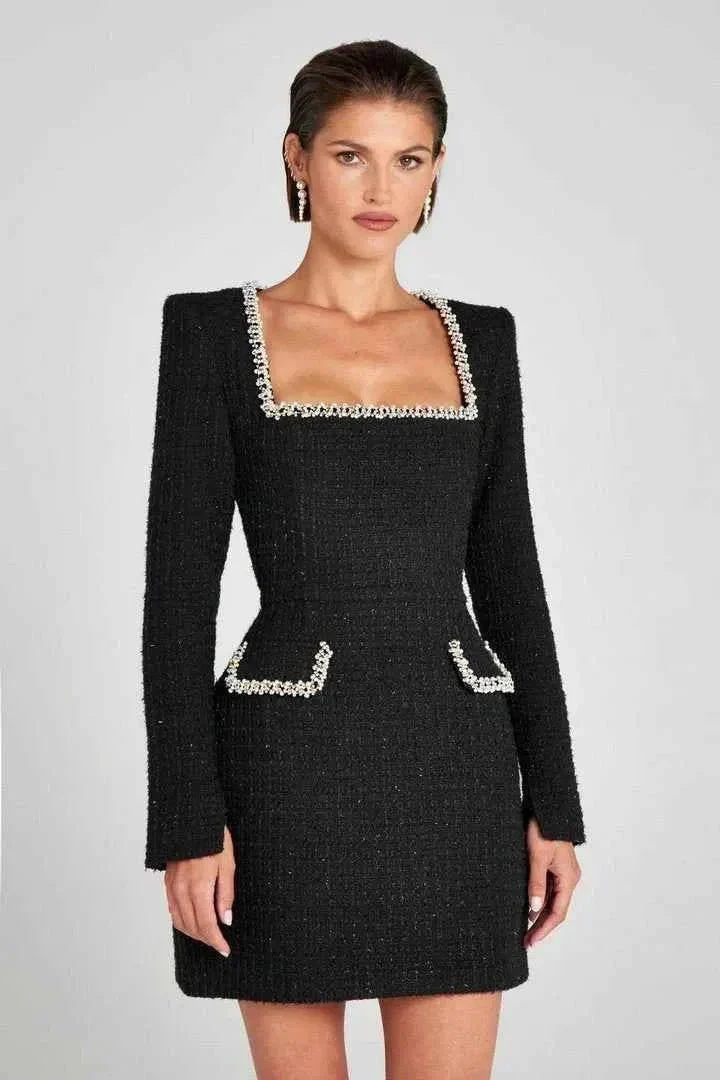 Langarm Tweed Minikleid f��r Damen mit Perlendetails und elegantem Schnitt