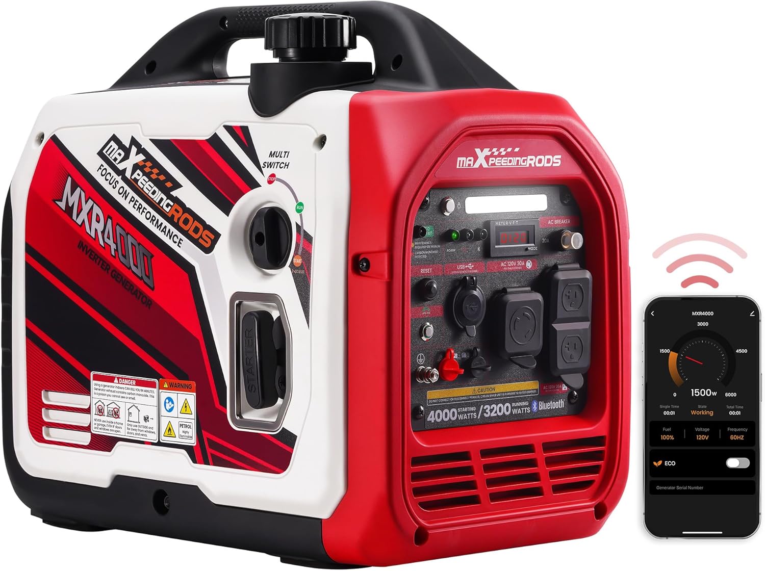 maXpeedingrods 4000 Watt Inverter Generator Portable  Bluetooth? App Remote Data Monitor  RV Ready  Gas Powered Generator with CO Alarm for Outdoor Camping  Home Backup