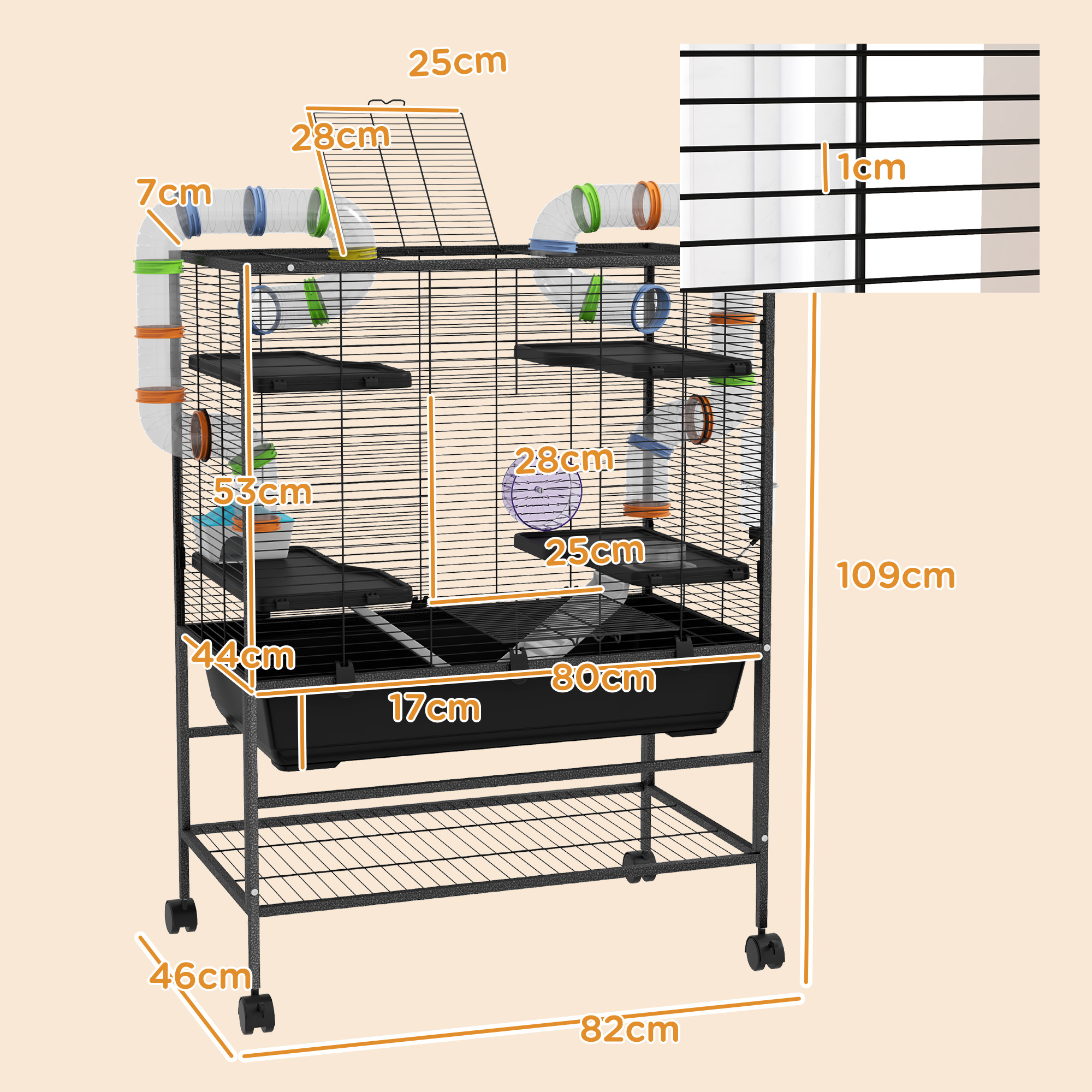 Hamsterkooi met Buizen, Looprad, Huisje, Waterdispenser, 109 x 82 x 46 cm, Zwart