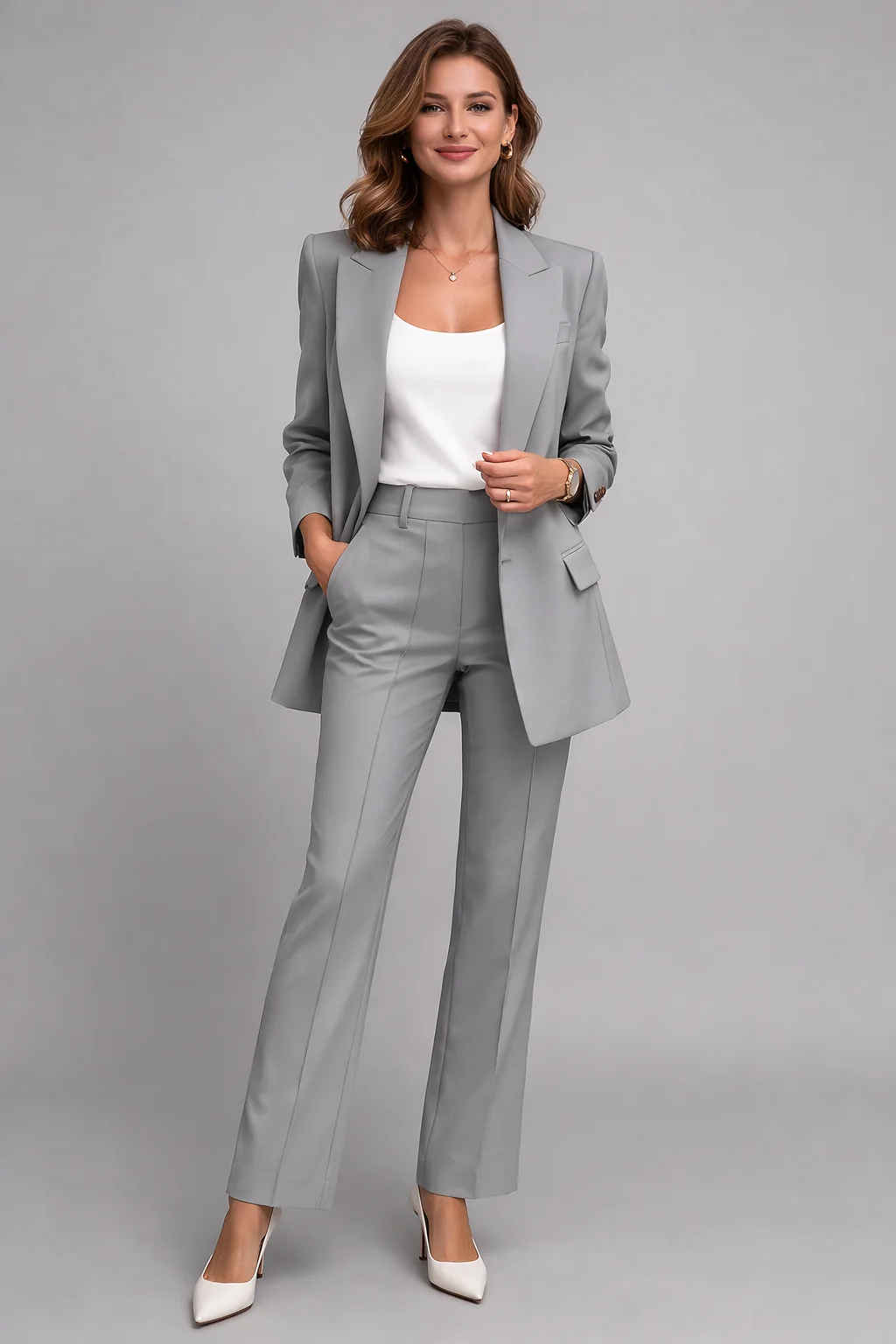 Damen Blazer Set mit Hose | Eleganter Hosenanzug f��r B��ro und Freizeit | Zweiteiler mit schmalem Revers und Knopfdetails