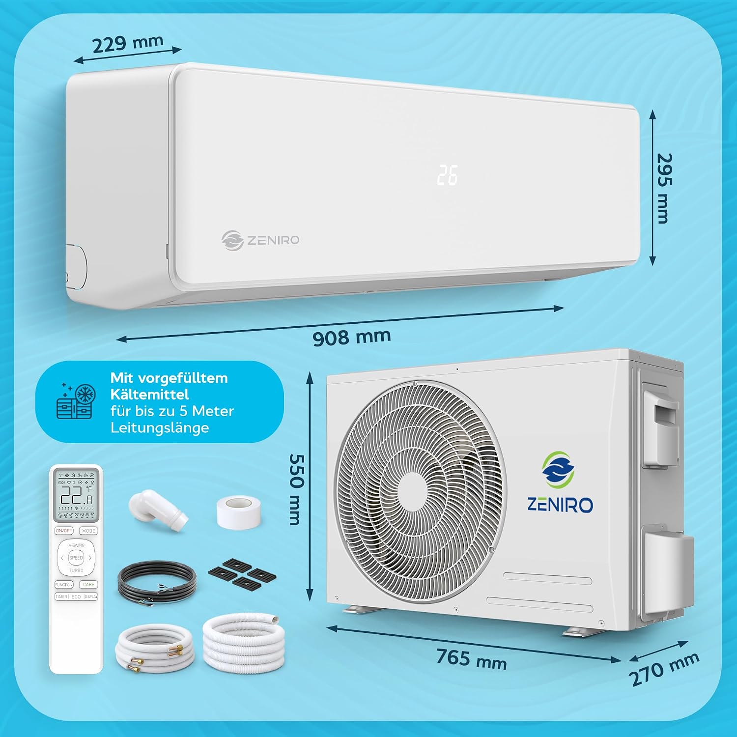Klimanlage Split Klimagerät Set mit Heizfunktion - 18000 BTU 5,2kW - A++ WiFi/App-Steuerung 4D AirFlow Auto Reinigung inkl. Montagematerial Vorgefüllt R32 Air Conditioner