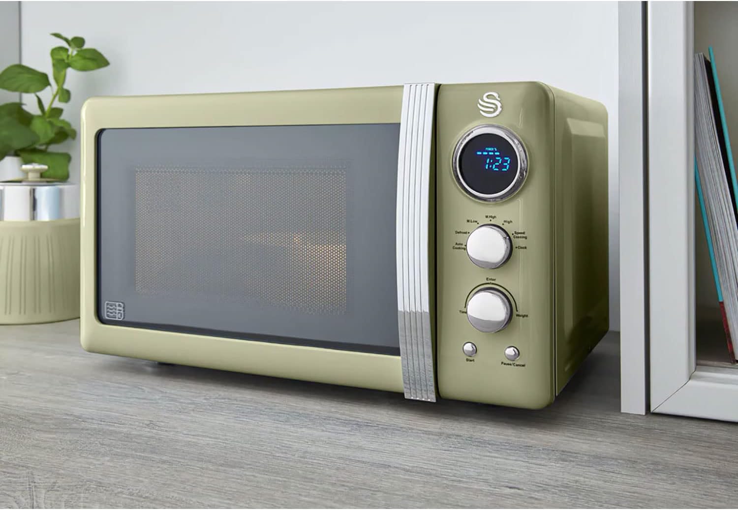 Swan Retro Frühstücks-Set 1,8 L Wasserkocher, 2 Scheiben Breitschlitz-Brottoaster, 20L Digital-Mikrowelle, 6 Leistungsstufen, Timer, Spiegeltür, Vintage Design, Grün, Einheitsgröße