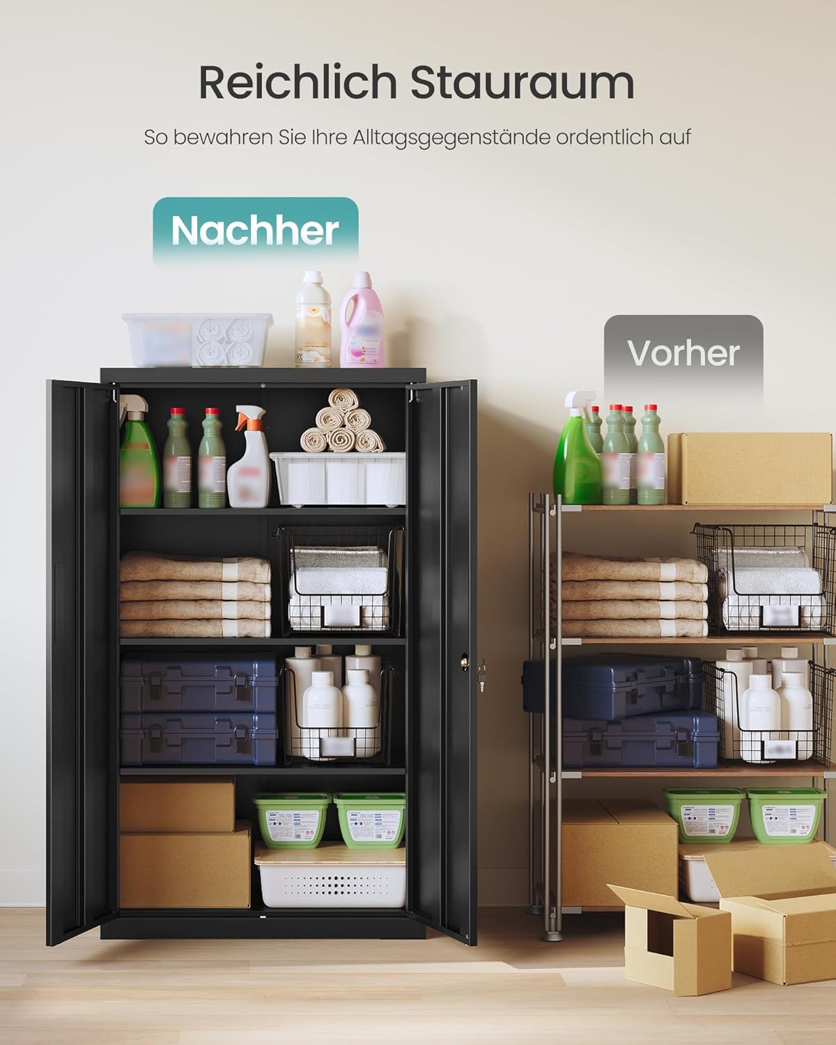 SONGMICS Aktenschrank, Metallschrank, Aufbewahrungsschrank, Büroschrank abschließbar, mit 2 Türen, aus Stahl, 80 x 40 x 140 cm, 3 verstellbare Ablagen, Mattschwarz OMC020BD01