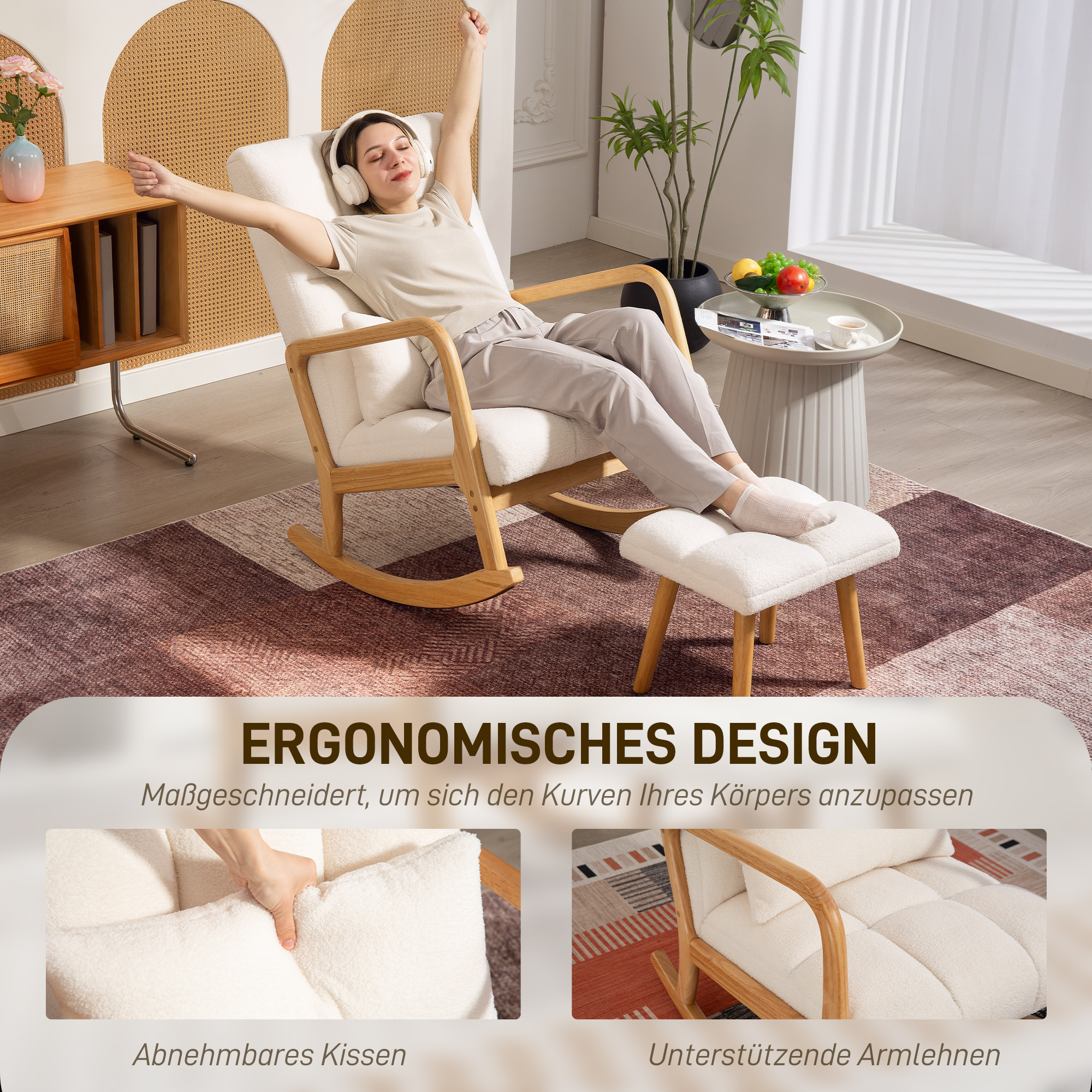 Schommelstoel met Voetensteun, Fleece-Bekleding, Hoge Rugleuning, Houten Poten, Voetpads, Wit