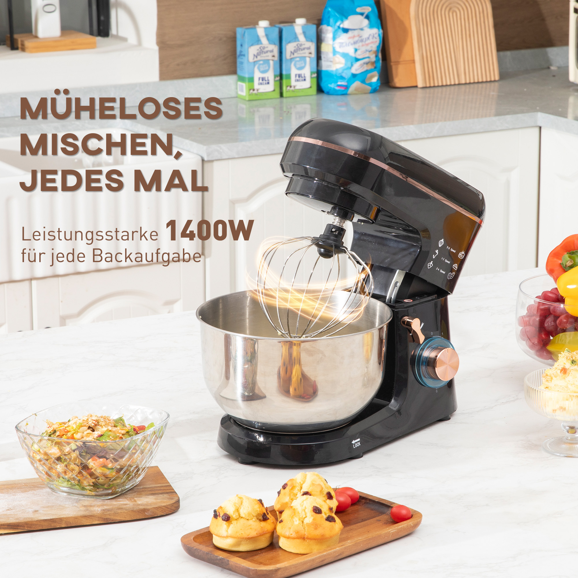 Staande Mixer, Keukenmachine, Mixer, 6 Standen, 5,5L Roestvrijstalen Kom, Zwart