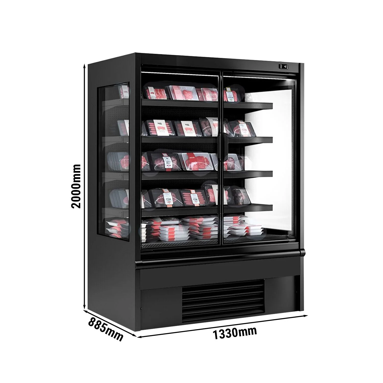 Kjølereol - 1 330 mm - 711 l - +2 °C til +4 °C - med 2 hengslede glassdører med dobbelt isolerglass & 4 hyller - svart