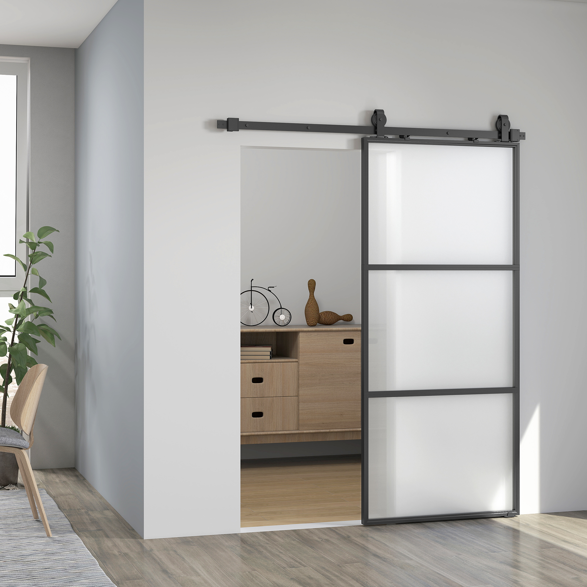 Schuifdeur met melkglas, railsysteem, montageset, soft-close mechanisme, eenvoudige montage, staal, zwart