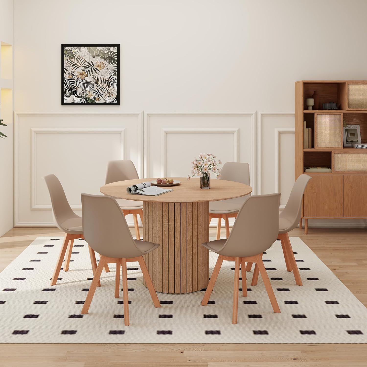 120 cm runder Esstisch mit 6 Esszimmerstühlen, runder Küchentisch mit Holzfuß, MDF-Platte, Küchenstühle mit Kunststofflehne, für 4–6 Personen, Hellbraun +Khaki