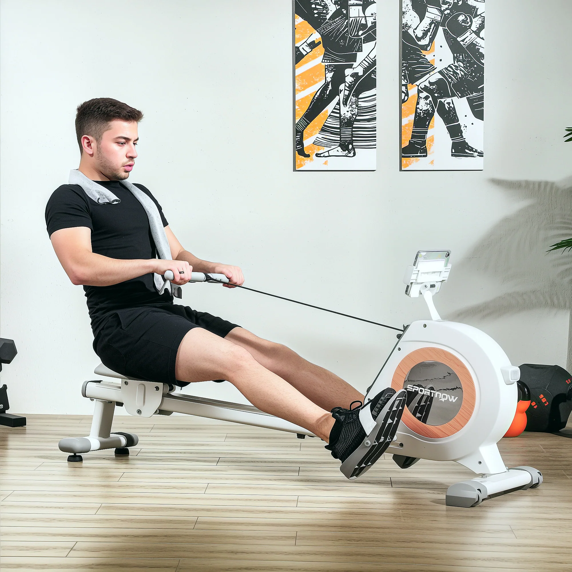 SPORTNOW Roeiapparaat met 16 verstelbare niveaus, LCD-monitor en mobiele telefoonhouder, voor thuisfitness, 150 kg belastbaar