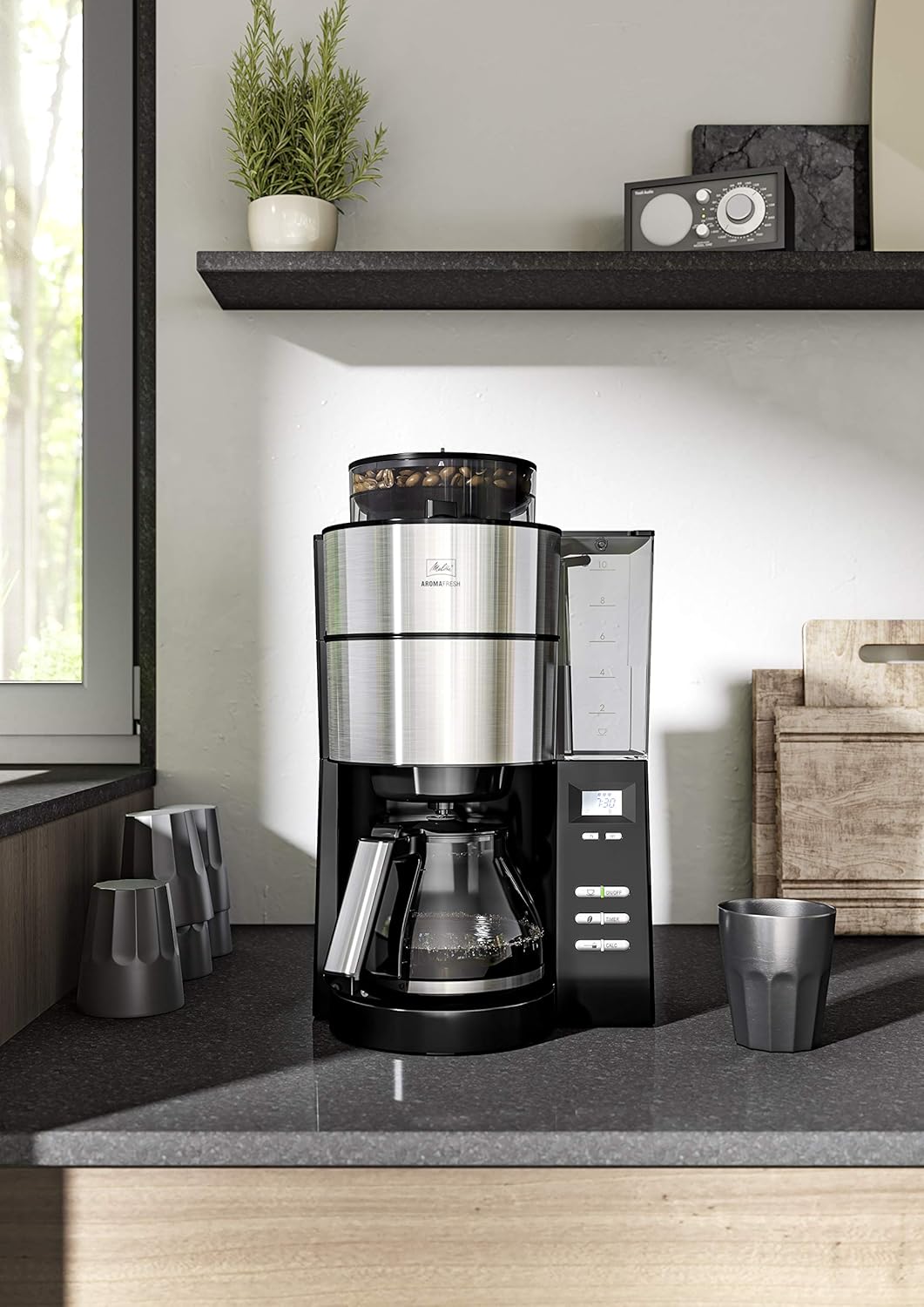 Melitta AromaFresh - Filterkaffeemaschine - mit Glaskanne - integriertes Mahlwerk - Timer Funktion - 10 Tassen - Pure Black