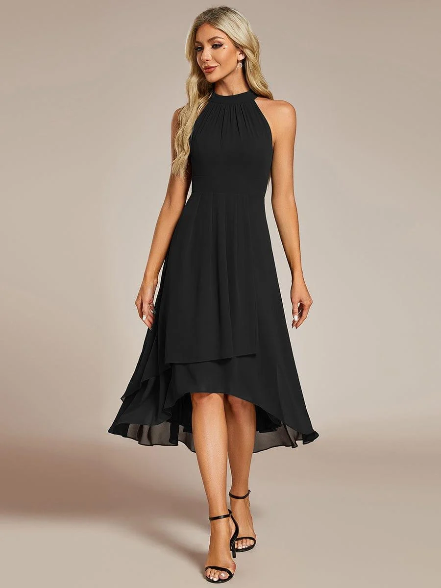 Damen Chiffon Midi-Kleid in A-Linie | Festliches Halterneck Kleid mit Plissee-Details | Sommerliches Kleid f��r Hochzeitsg?ste