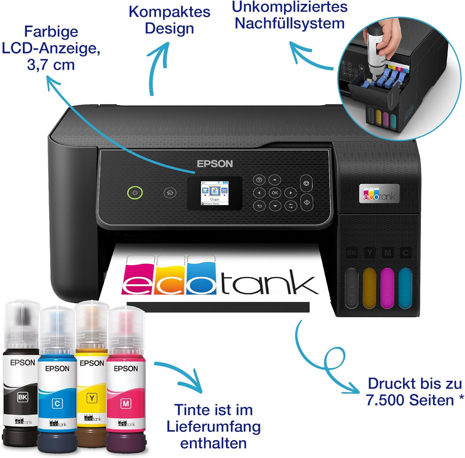 EcoTank ET-2870 Tintentankdrucker für vielbeschäftigte Haushalte WLAN A4 Drucken, Kopieren, Scannen 3.7 cm LCD-Display inkl. Tinte für bis zu 3 Jahre