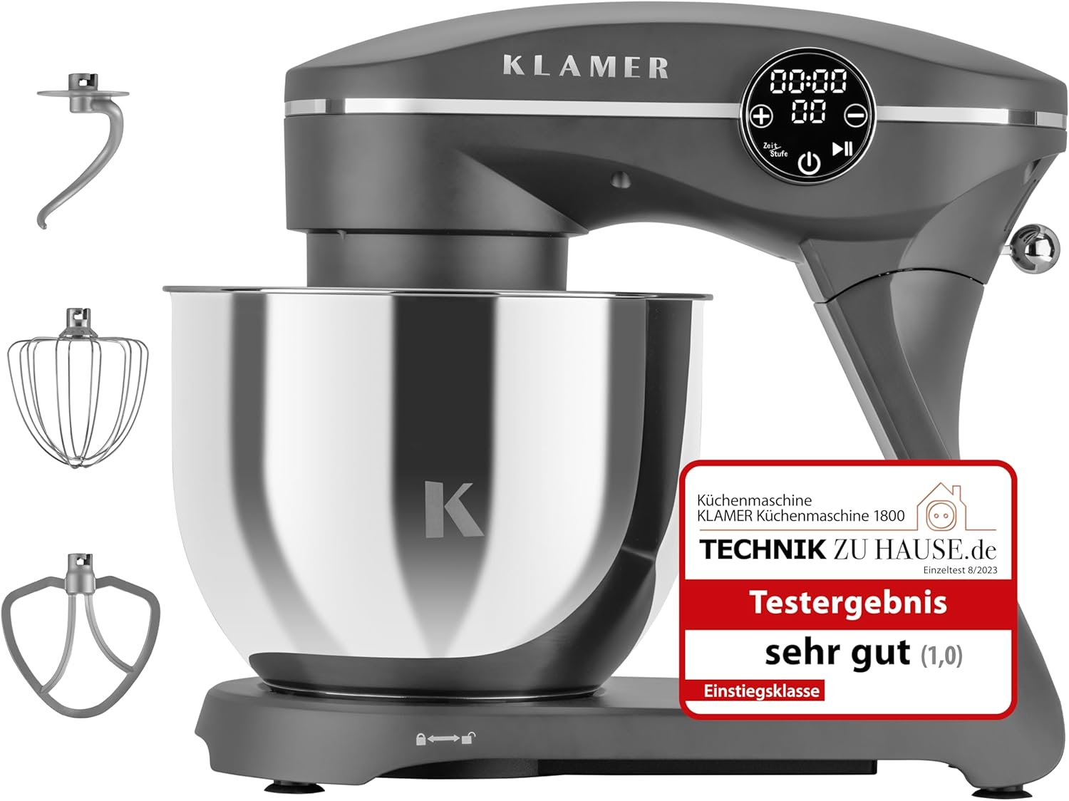KLAMER Küchenmaschine 1800W, Knetmaschine Brotteig mit Edelstahl-Rührschüssel 6 L, 10 Stufen mit Timer, Planetenrührwerk, Rührbesen, Knethaken, Schneebesen & Sichtdeckel (schwarz)