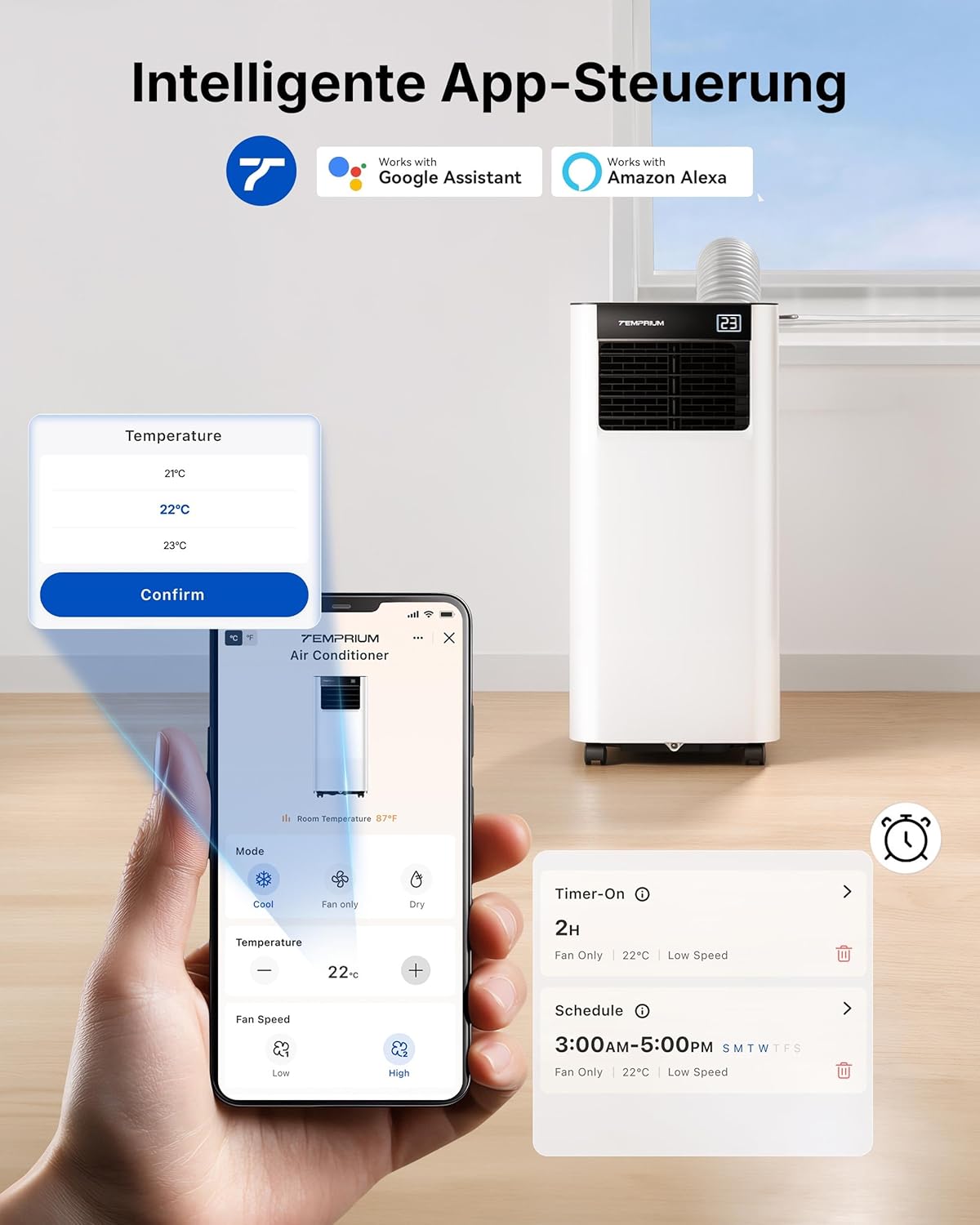 Mobile Klimaanlage 9000BTU 2,6Kw mit Abluftschlauch | 3-in-1 Mobiles Klimagerät | Fensterabdichtung | APP-Steuerung + Fernbedienung | Leiser Betrieb