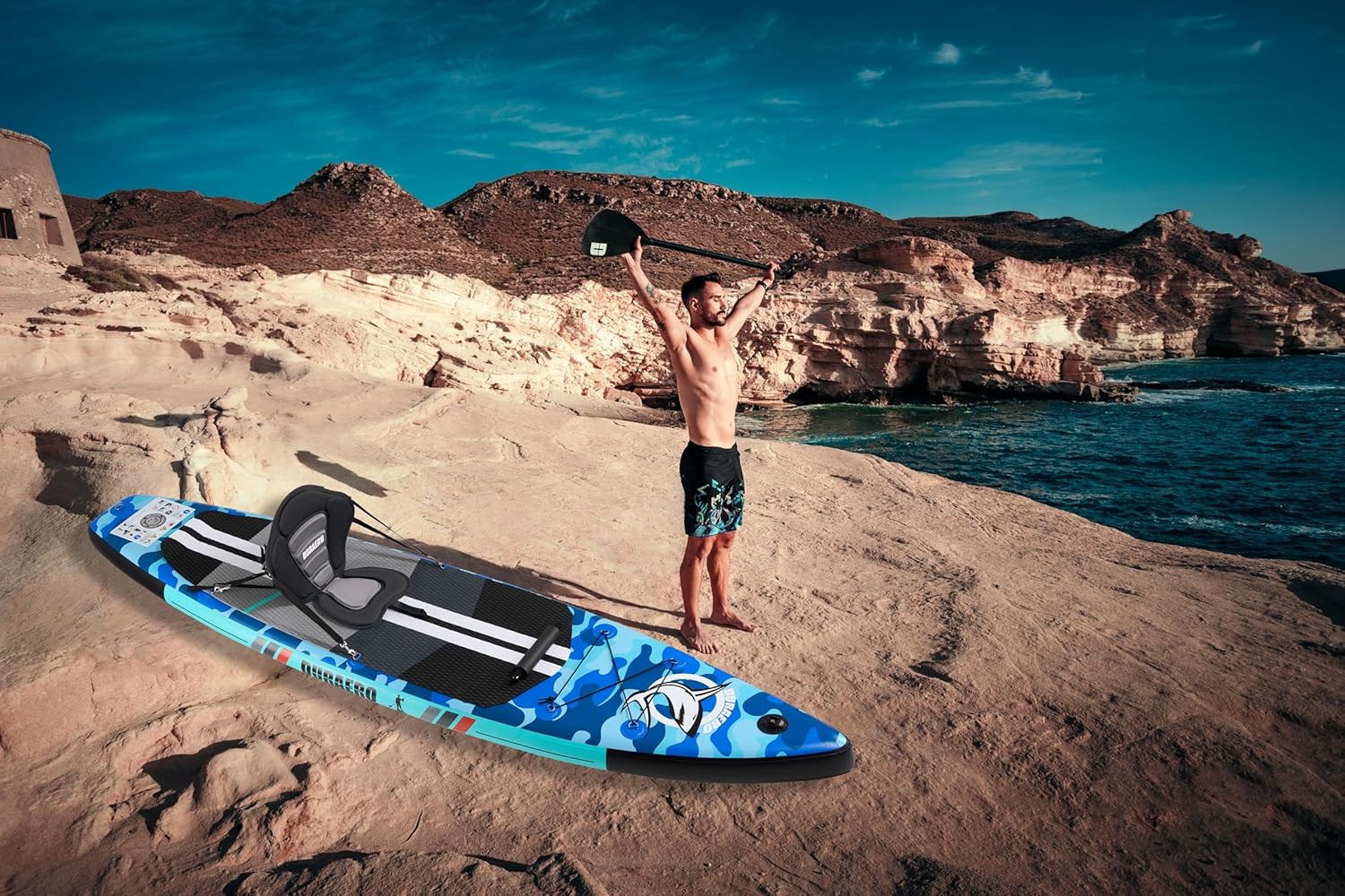Inflatable Paddle Board with Kayak Seat, 330 x 76 x 15 cm, up to 150 kg, Integrated Pad, Detachable Fin, Double Adjustable Paddle, Repair Kit, Blue Camouflage