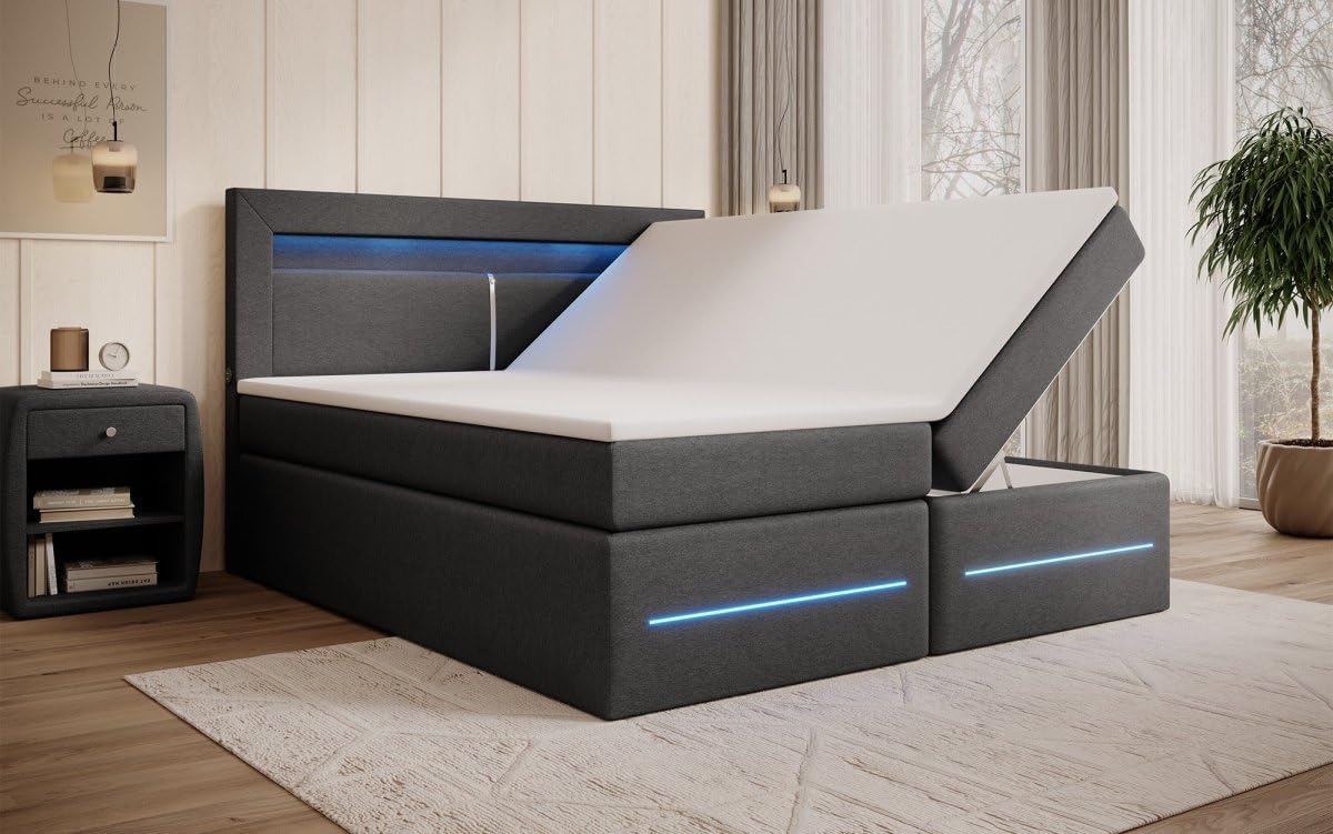 Boxspringbett Nera 180x200 Doppelbett Polsterbett Bett mit LED, USB und Stauraum | Bezug: Stoff | Farbe: Grau | Härtegrad: H4 (100kg+)