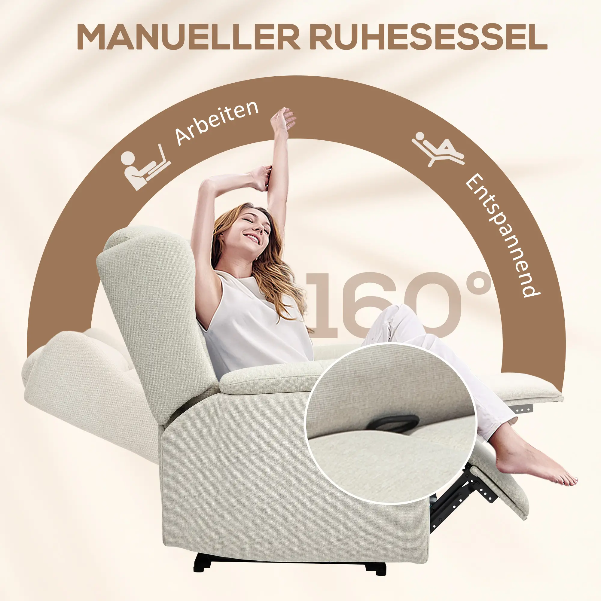 HOMCOM Relaxfauteuil Ligstoel 160�� verstelbaar Pocketvering Beige