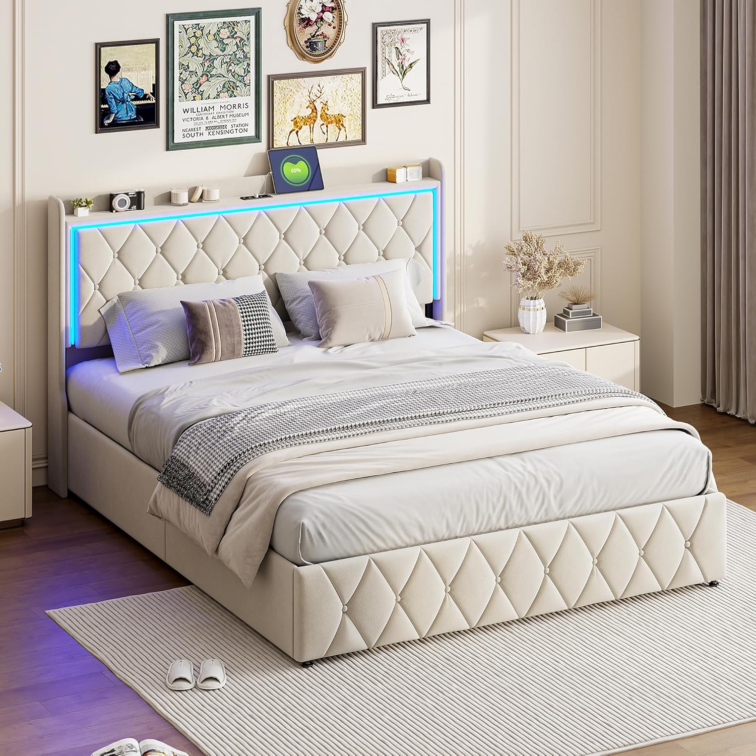 Bett 140x200 mit stauraum, Polsterbett mit LED-Kopfteil, Doppelbett mit USB und Lattenrost, Hydraulischem Stauraum und Metallrahmen, Jugendbett, Bettgestell, Boxspringbett, Samt Beige, Ohne Matratze