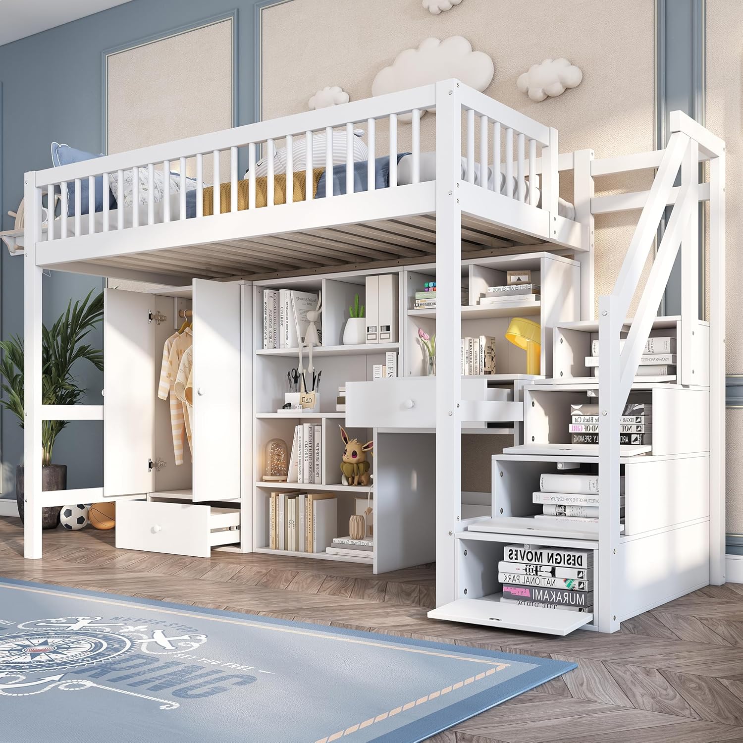 Kinderbett 90x200 cm, Hochbett mit Kleiderschrank Schreibtisch und Treppe, Einzelbett mit Schubladen und Schließfach, Funktionsbett Kinderhochbett Jugendhochbett mit Rausfallschutz & Lattenrost, Weiß