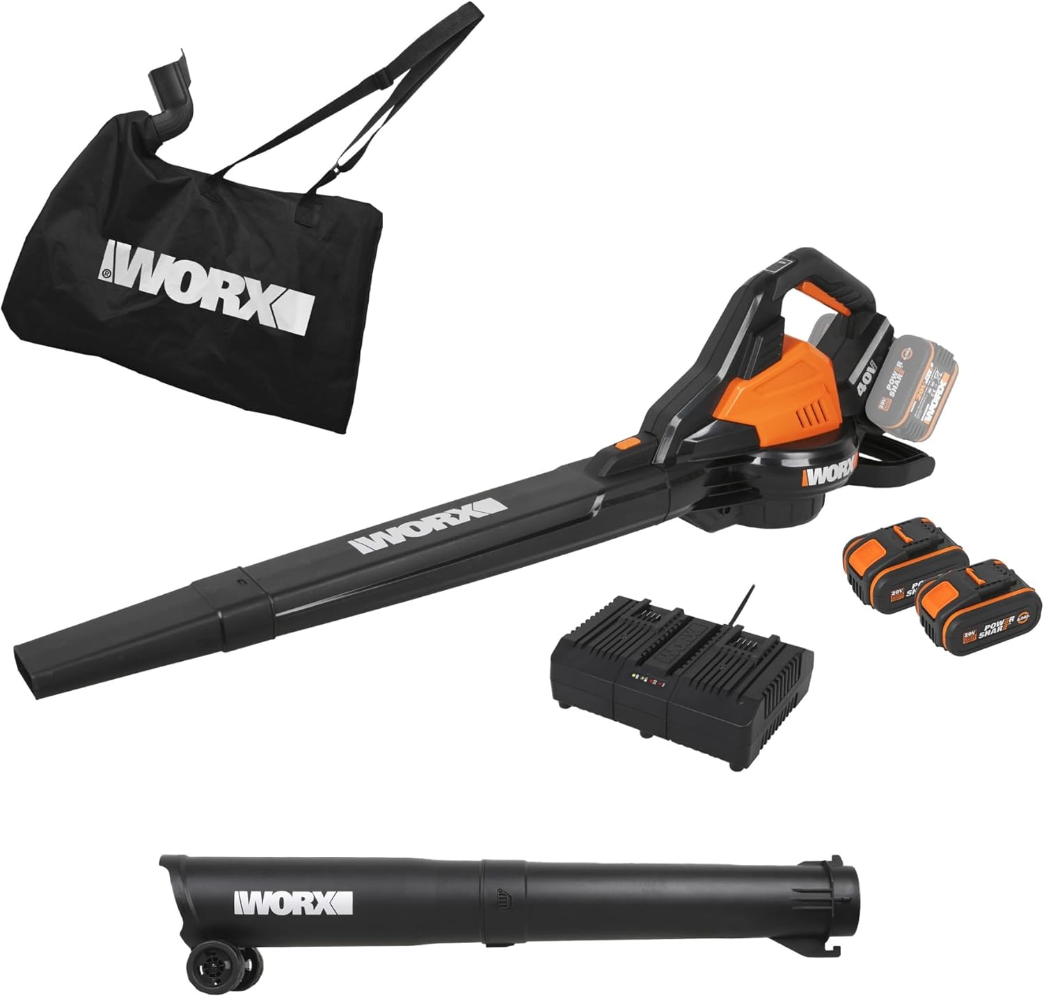 WORX WG583E Akku-Laubbläser/Laubsauger 40V - 3-in-1 Multifunktion zum Laub Zusammenkehren, Aufsaugen  und  Mulchen - Luftgeschwindigkeit 335 km/h - Luftmenge 575 m3/h - inkl. 2x4Ah Akkus  und  Ladegerät