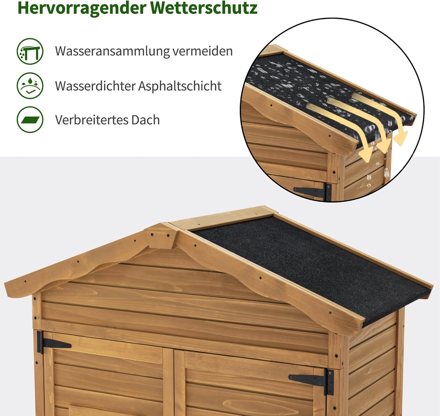 M MCombo Gartenschrank Gartenhaus Holz Wetterfest, Geräteschrank Gerätehaus Outdoor, für Außenbereich Garten Terrasse, Geräteschuppen mit 2 Bewegliche Regale, 57×109×180 cm, 1152 (Natur)