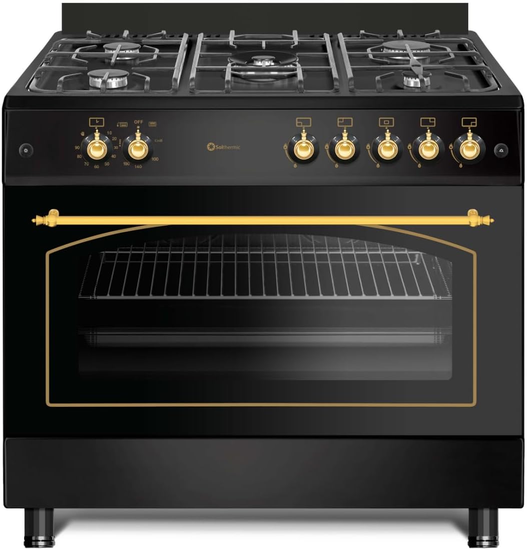SOLTHERMIC PACK 3 EN 1 COCINA GAS HORNO PANORAMICA (115L) + CAMPANA DECORATIVA A JUEGO 90 CM + COMBI 1,88 X 55 TODO NEGRO RUSTICO Y ACABADOS DORADOS