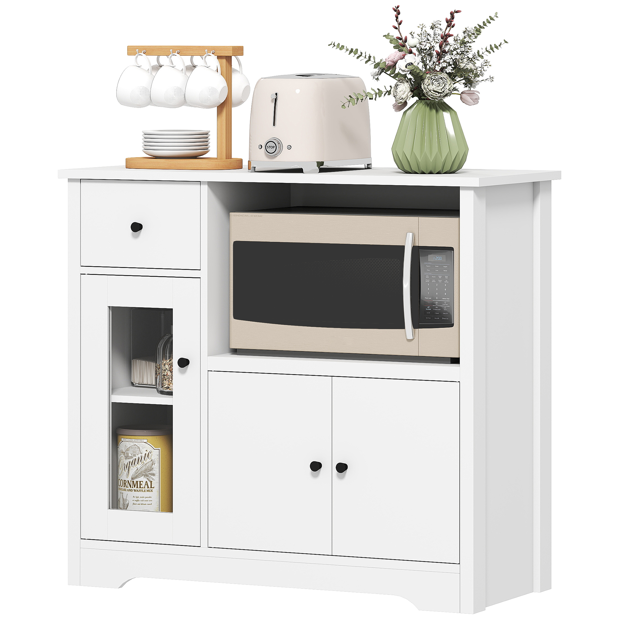 Keukenkast met Kabeldoorvoer, Commode met 2 Kasten, Open Vak, Lade, 80 x 35 x 72,2 cm, Spaanplaat, Wit