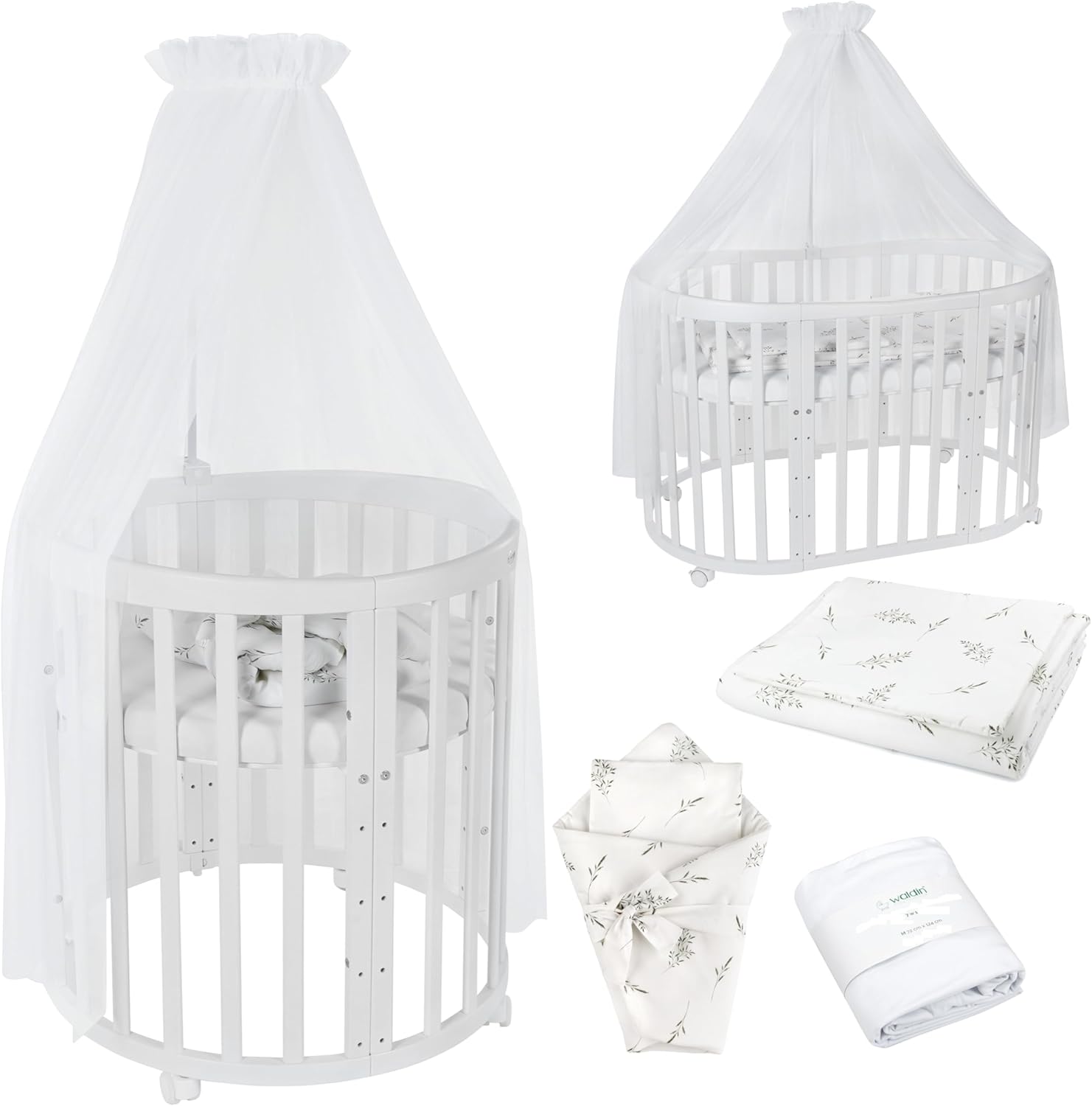 Waldin Oval Baby-Bett Mitwachsend Komplett Set 7in1, Gitterbett, Kinderbett mit Matratze, Wickelkommode, Beistellbett, Holz Weiß