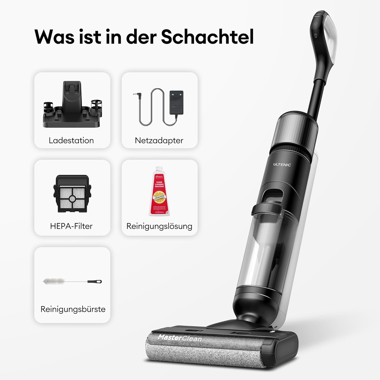 Ultenic AC1 Elite Nass Trockensauger kabelloser Staubsauger mit Wischfunktion, 3 in 1, 50min, intelligente Schmutzerkennung, 14000 Pa Saugkraft,Selbstreinigung,1.15L Doppelte Tank, LED-Display