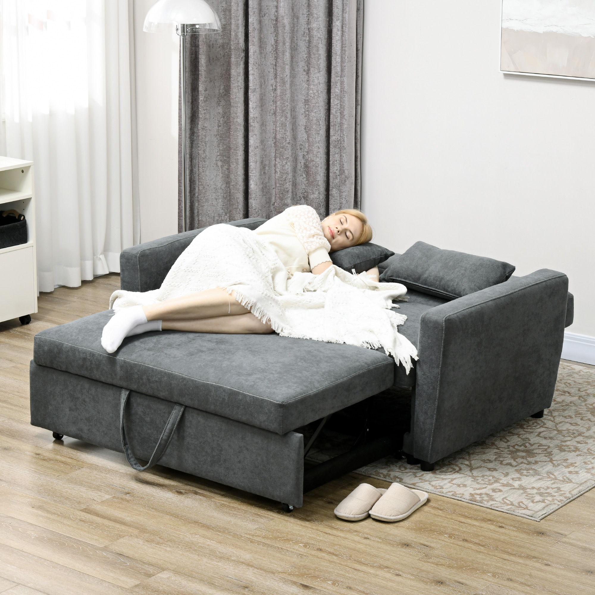 Uitklapbare slaapbank, 2-zits, tot 200 kg, Houten frame, 155x90x88,5cm, Donkergrijs