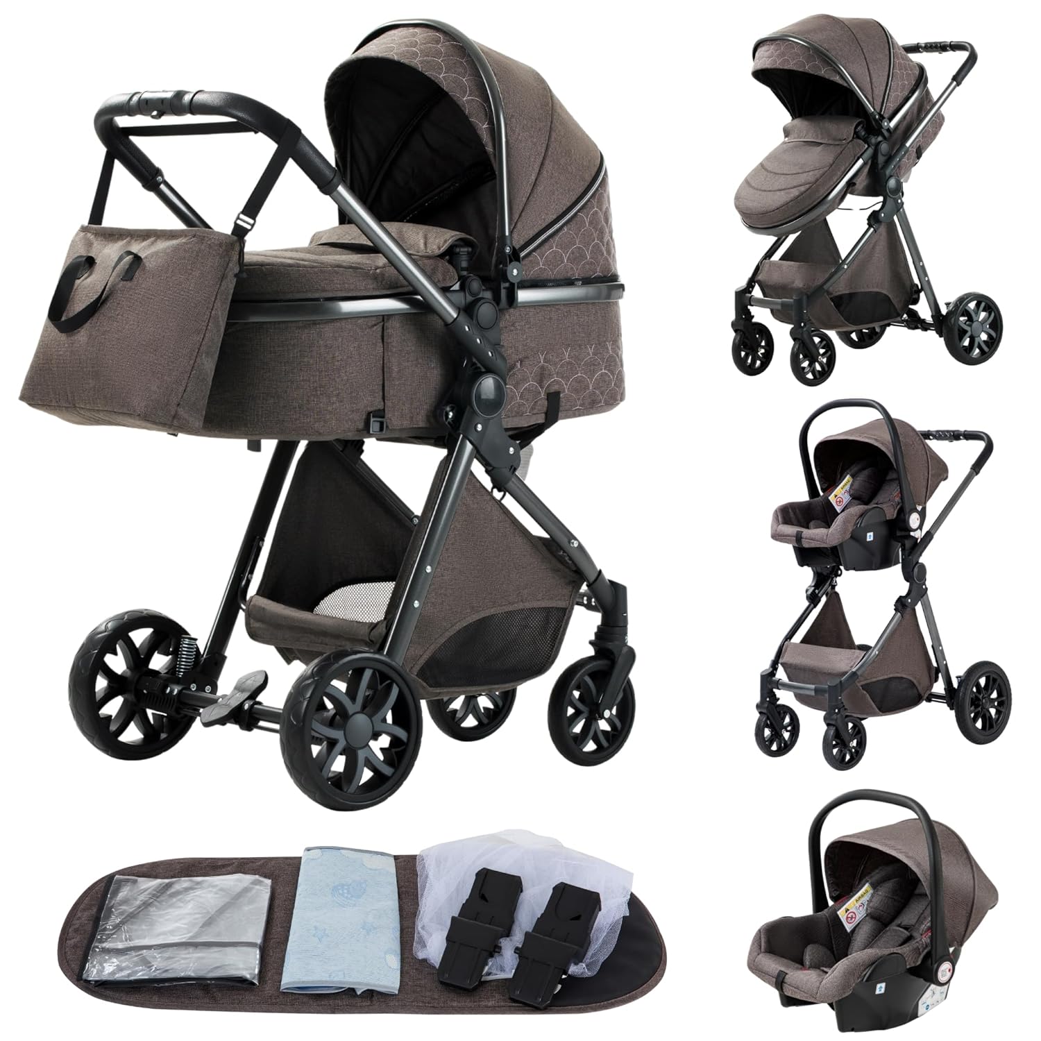 YAZOCO kinderwagen 3 in 1, Zusammenklappbar kinderwagen mit Wickeltasche,Komplettset Becherhalter,Moskitonetz, Fußabdeckung,Sitzzubehör (4 Rosa)