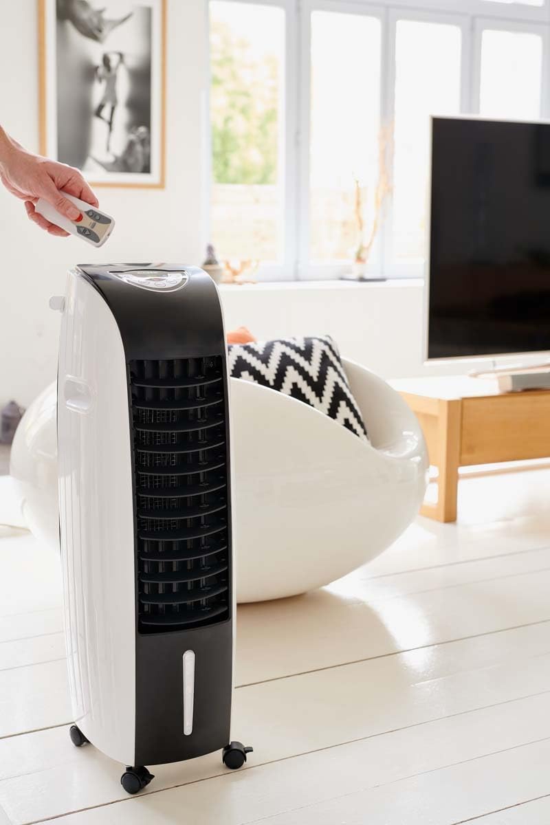 BIGBEN Luftkühler 60 W, Tank 6 l – Mobile Klimaanlage ohne Abfluss – Säulenventilator mit Fernbedienung und Timer – AIRC01