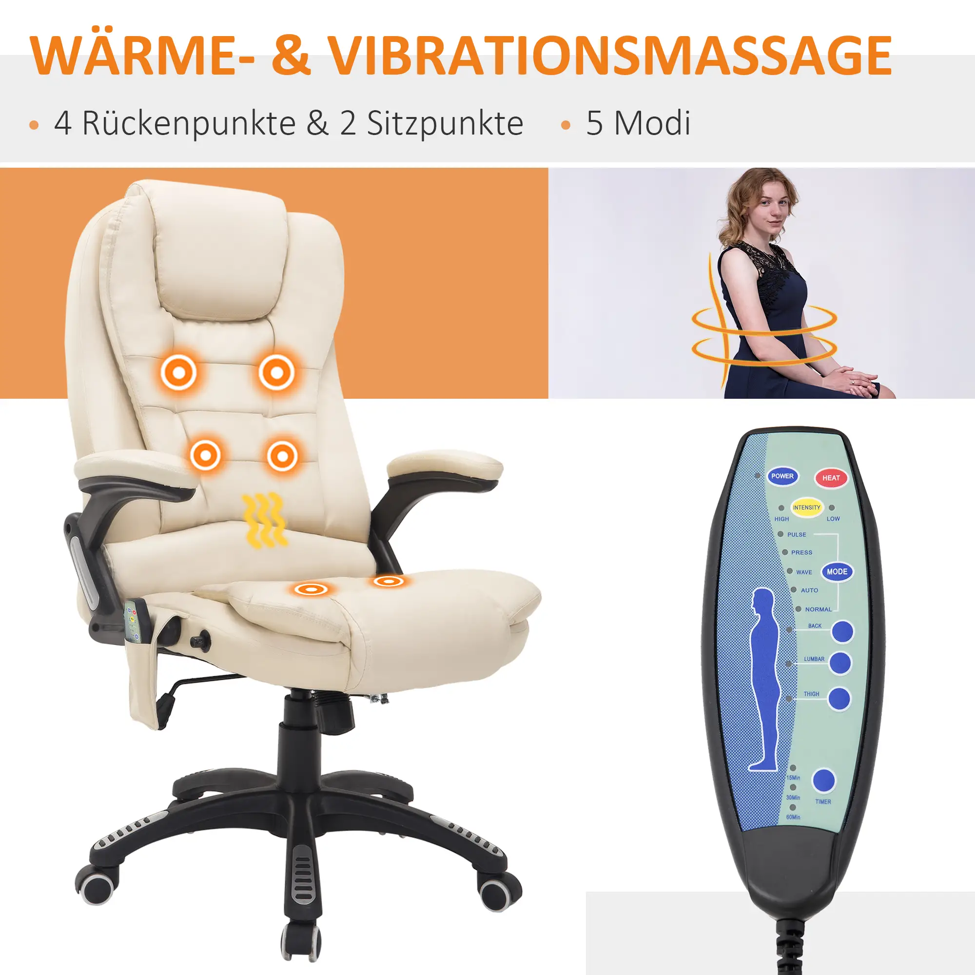 HOMCOM Bureaustoel Directiestoel Massagefunctie in hoogte verstelbaar cr��mewit