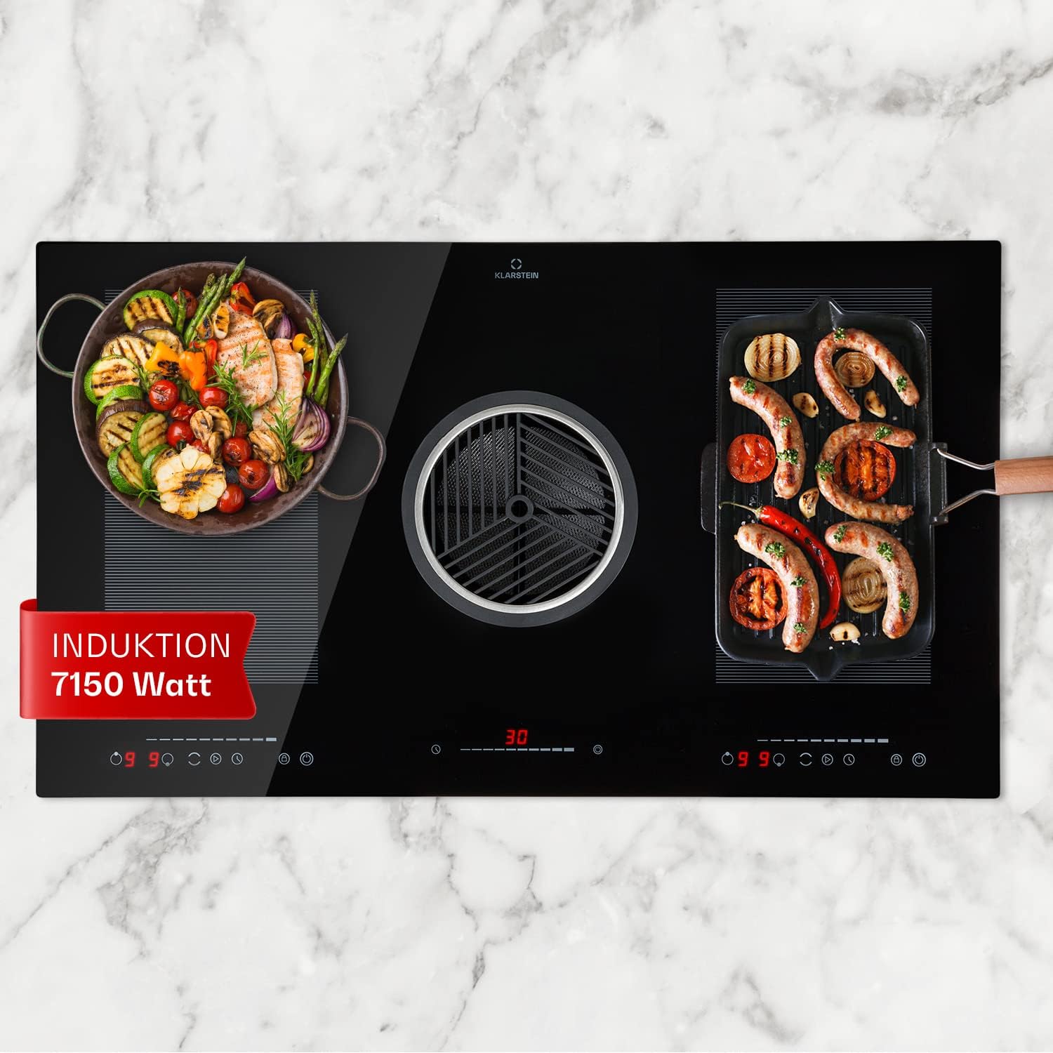 Klarstein 2-in-1 Induktionskochfeld mit Dunstabzug, Induktionskochfeld mit Abluft & Ventilator, 4-Zonen-Kochfeld, Glaskeramik-Einbauherd, Kochfeld mit Dunstabzug, Energieklasse A, 654m³/h Luftstrom